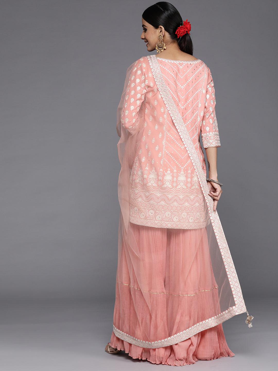 Libas Art Peach Embroidered Silk Straight Kurti With Palazzos & Dupatta