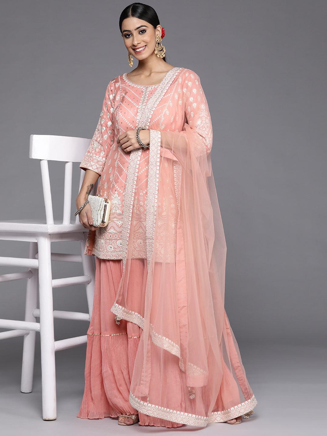 Libas Art Peach Embroidered Silk Straight Kurti With Palazzos & Dupatta