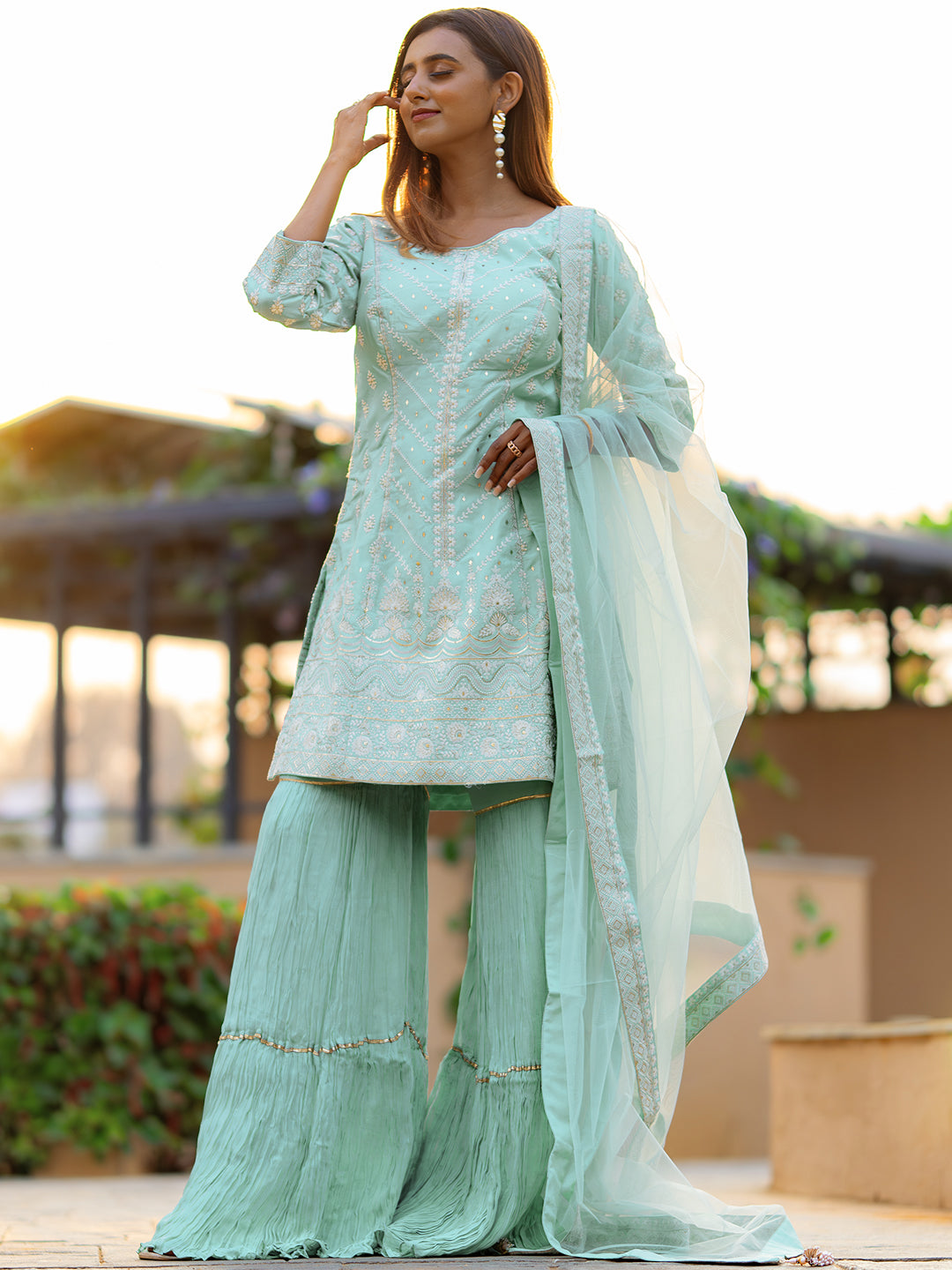 Libas Art Sea Green Embroidered Silk Straight Kurti With Sharara & Dupatta