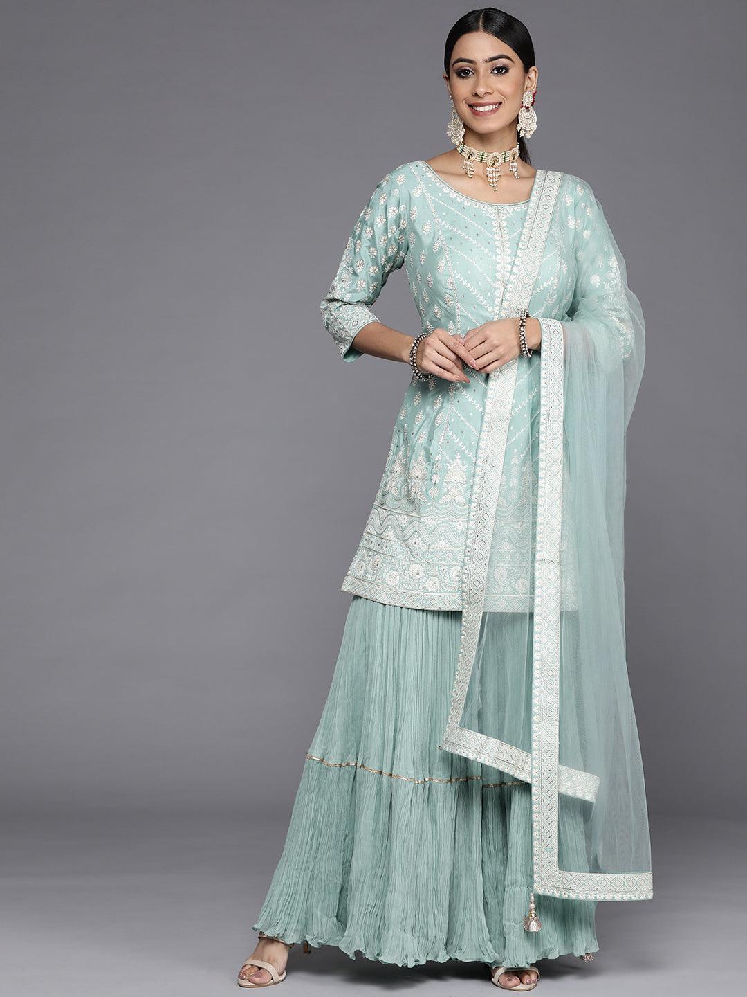 Libas Art Sea Green Embroidered Silk Straight Kurti With Sharara & Dupatta