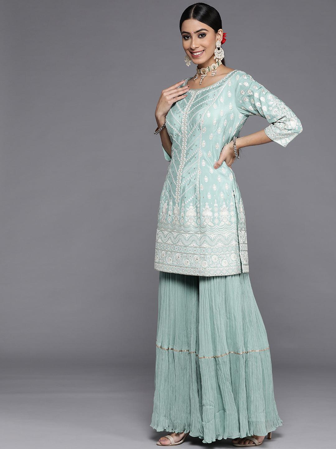 Libas Art Sea Green Embroidered Silk Straight Kurti With Sharara & Dupatta