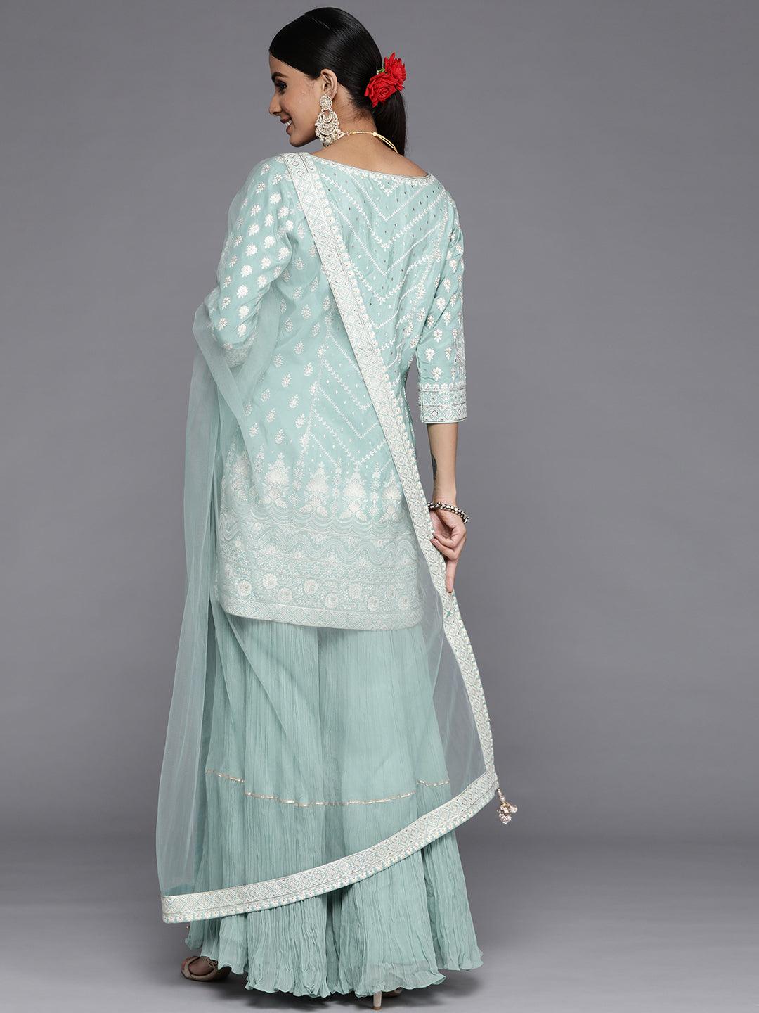 Libas Art Sea Green Embroidered Silk Straight Kurti With Sharara & Dupatta