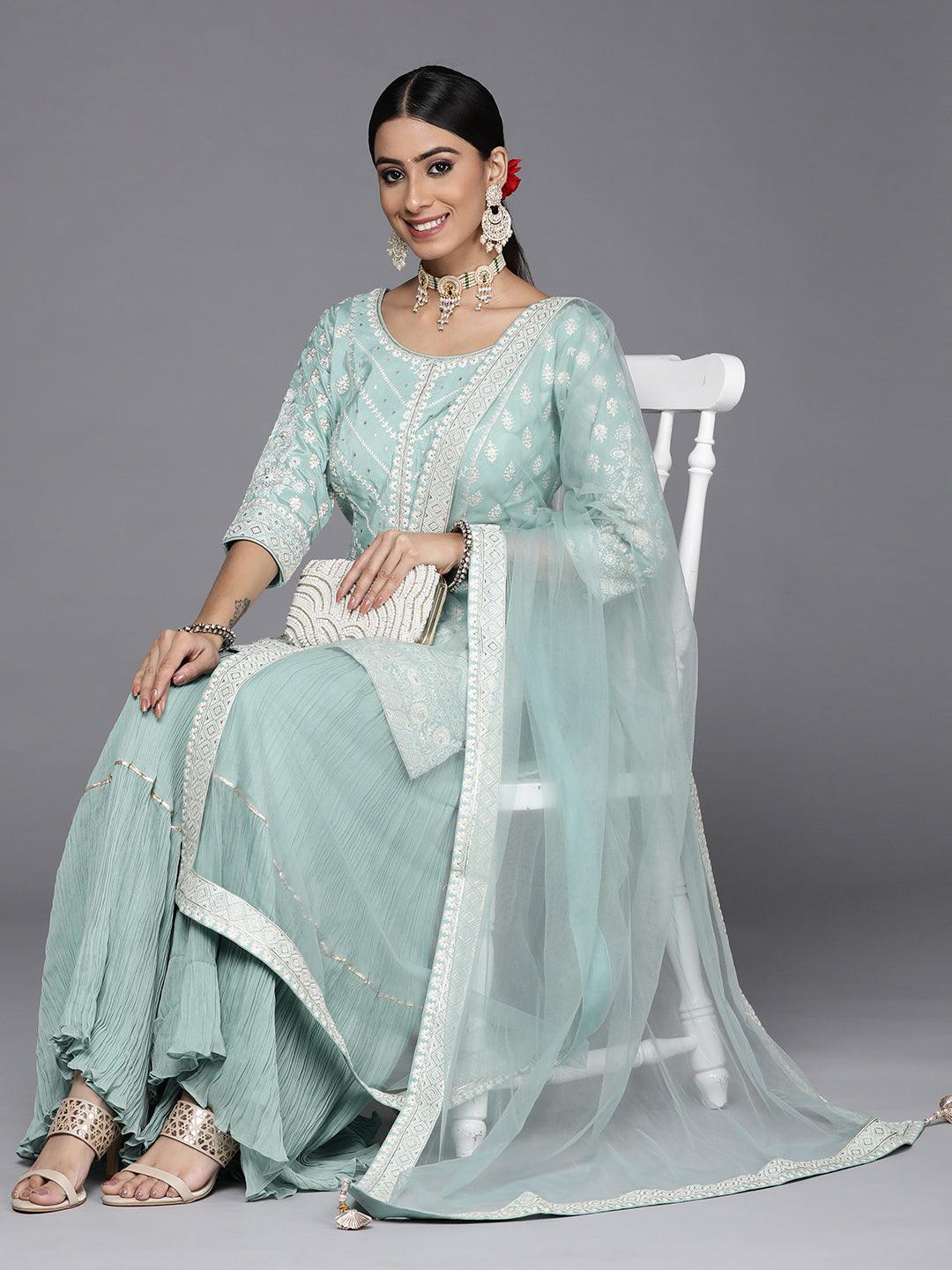 Libas Art Sea Green Embroidered Silk Straight Kurti With Sharara & Dupatta