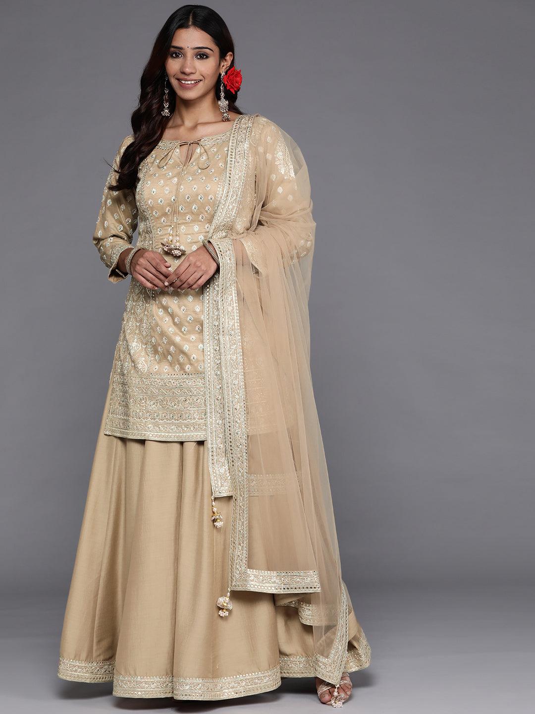 Libas Art Beige Embroidered Silk Straight Suit Set