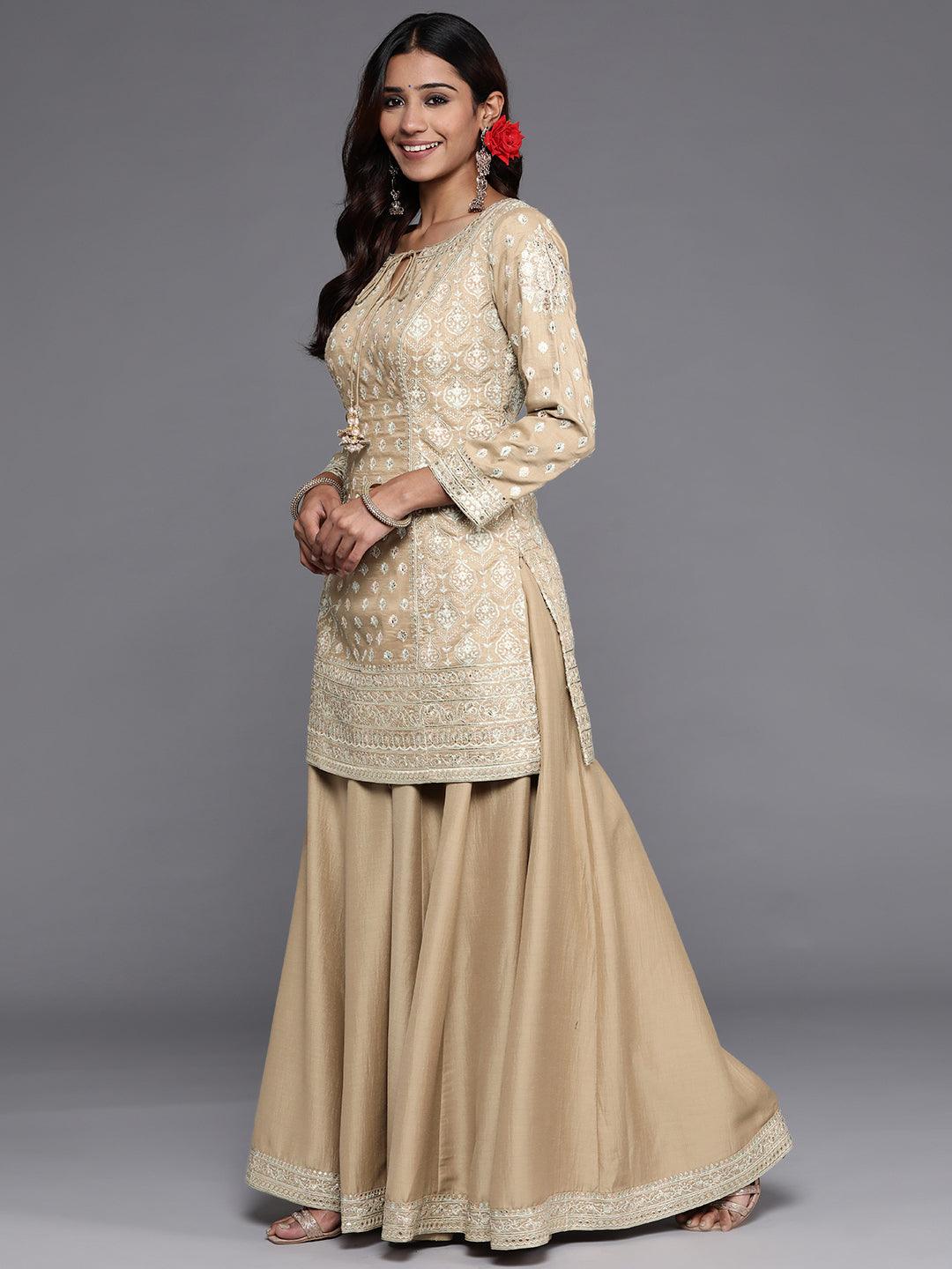 Libas Art Beige Embroidered Silk Straight Suit Set