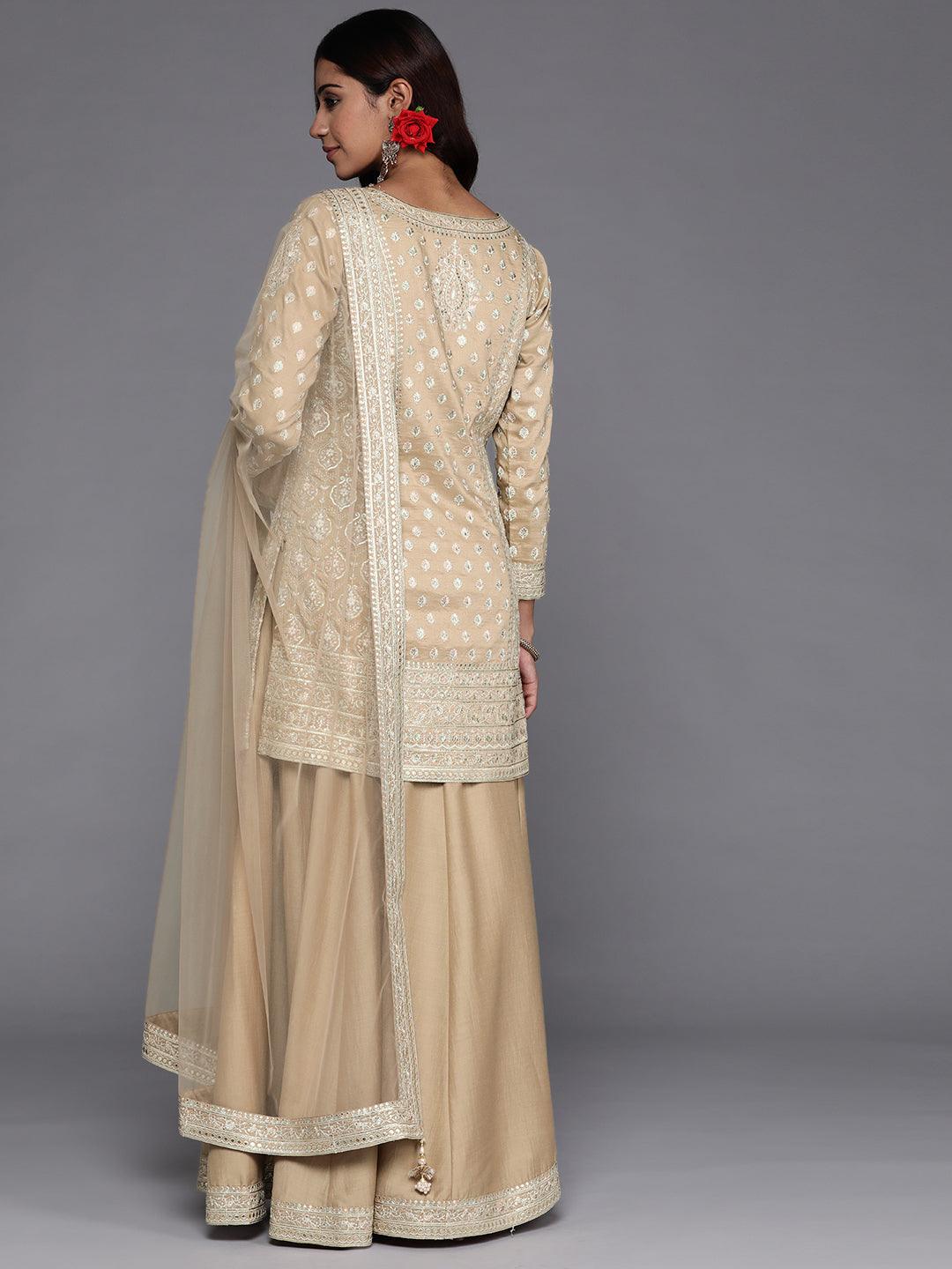 Libas Art Beige Embroidered Silk Straight Suit Set