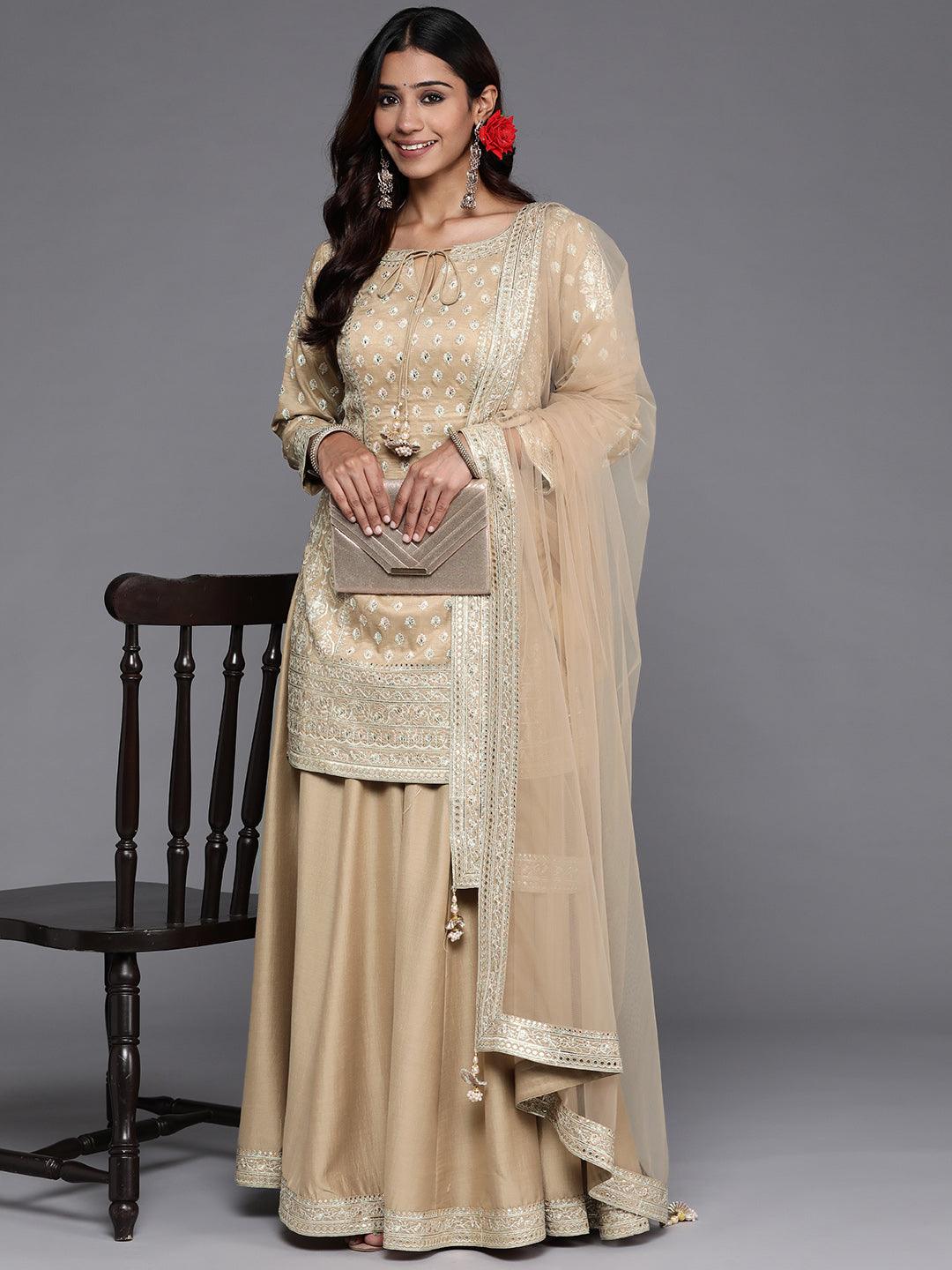 Libas Art Beige Embroidered Silk Straight Suit Set