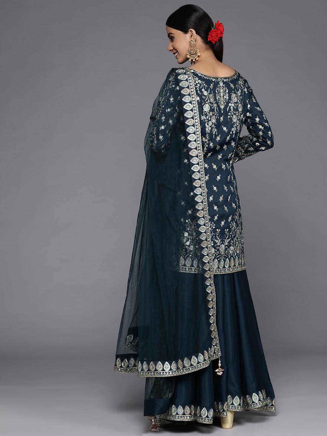 Libas Art Teal Embroidered Silk Straight Suit Set