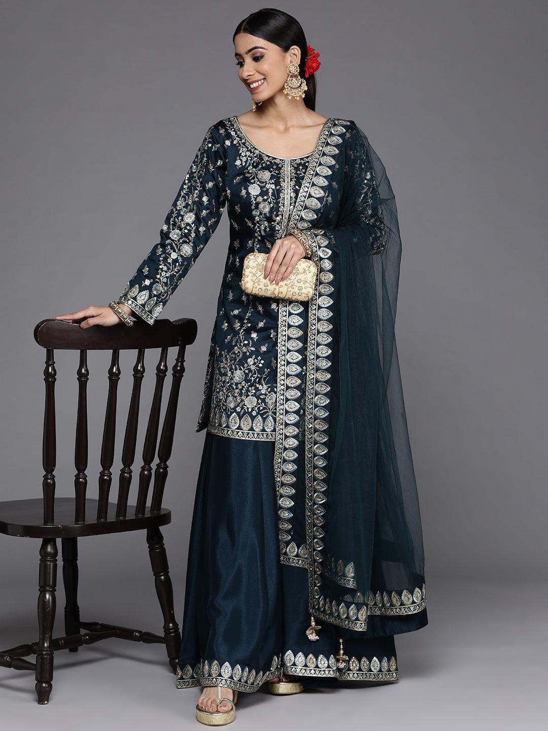 Libas Art Teal Embroidered Silk Straight Suit Set