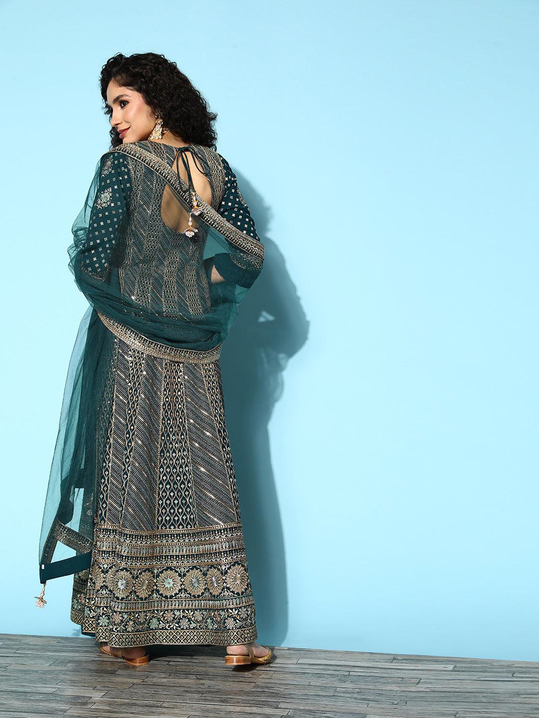 Libas Art Teal Embroidered Georgette A-Line Suit Set With Palazzos - ShopLibas