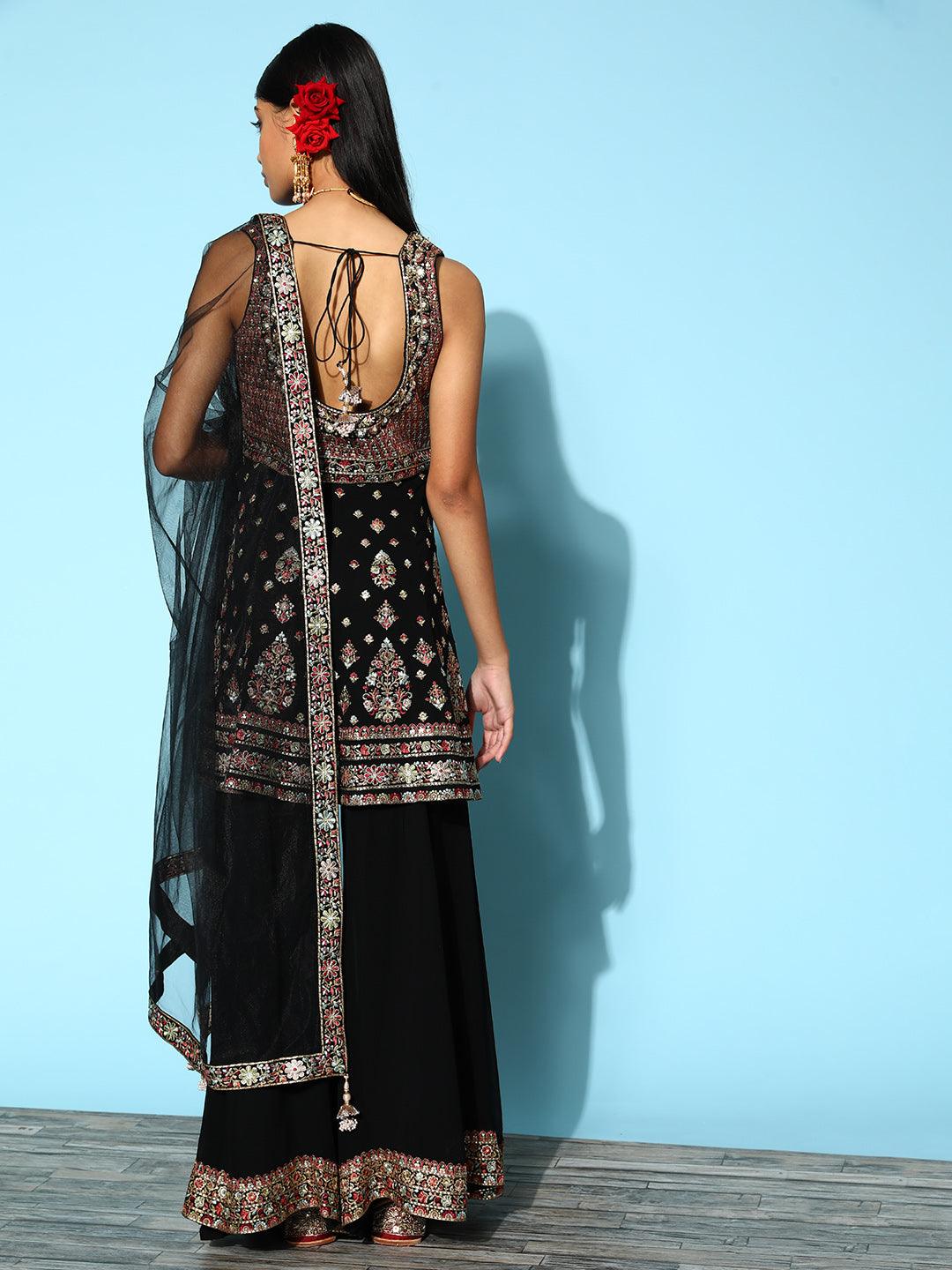 Libas Art Black Embroidered Georgette Peplum Suit Set With Palazzos