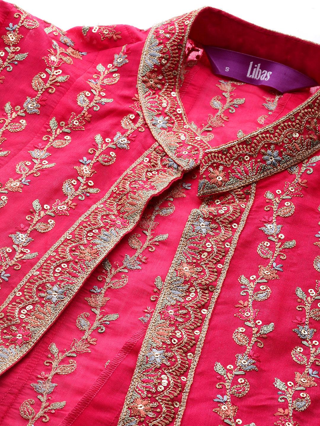 Libas Art Pink Embroidered Silk Co-ord Set With Shrug