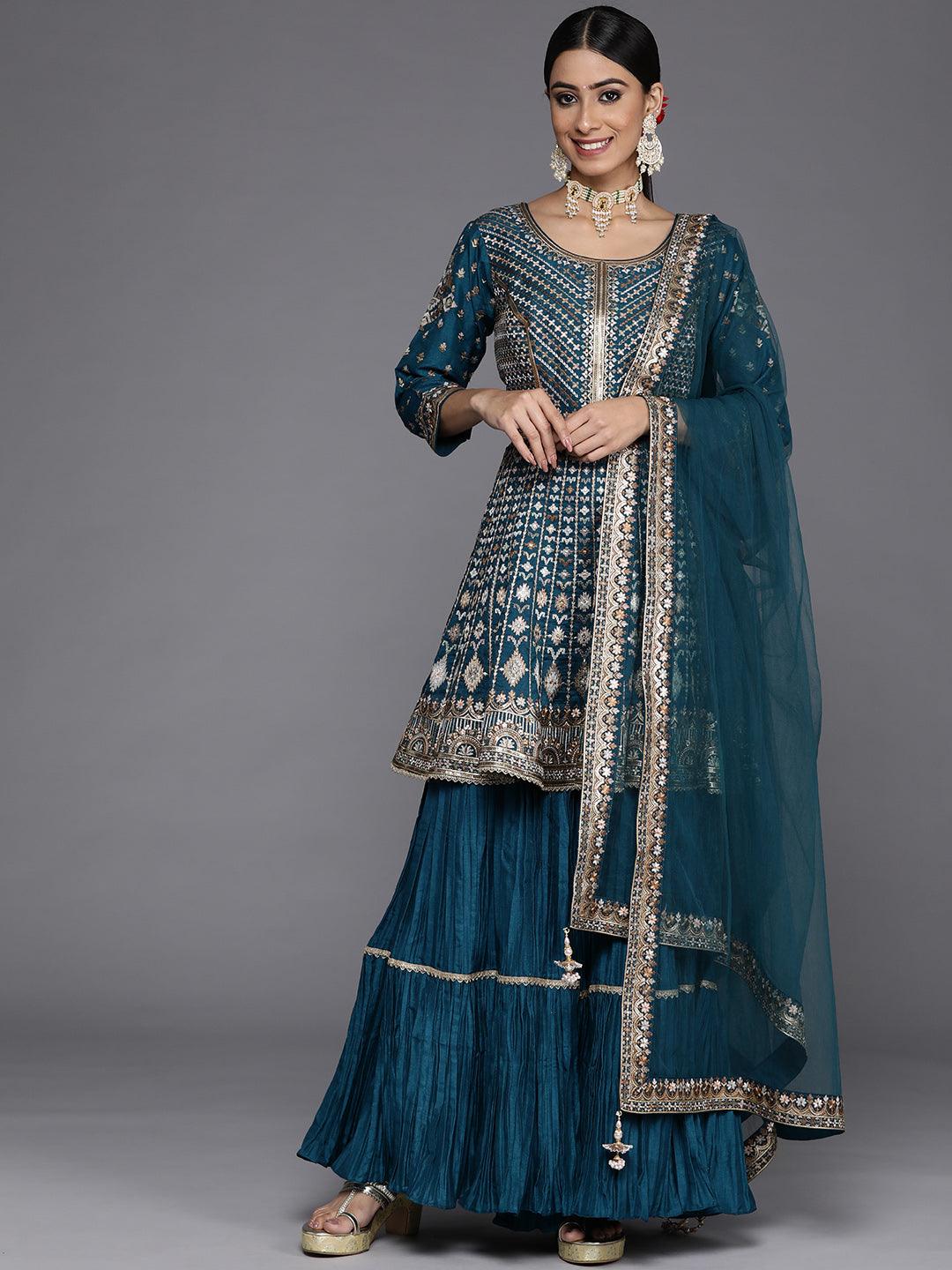 Libas Art Blue Embroidered Silk Anarkali Suit Set - ShopLibas