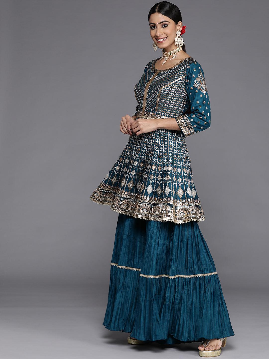 Libas Art Blue Embroidered Silk Anarkali Suit Set - ShopLibas