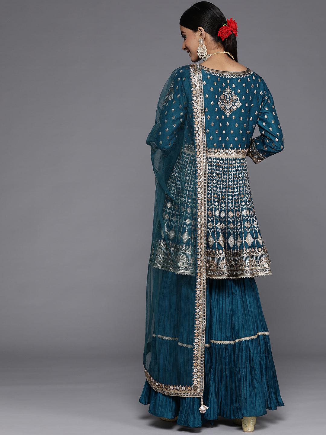 Libas Art Blue Embroidered Silk Anarkali Suit Set - ShopLibas