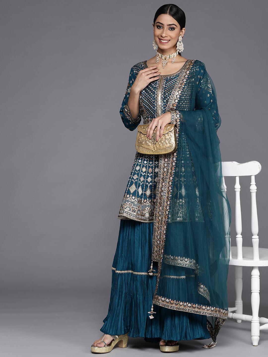 Libas Art Blue Embroidered Silk Anarkali Suit Set