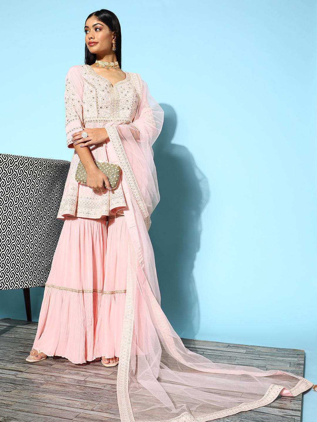 Libas Art Peach Embroidered Silk Blend A-Line Sharara Suit Set