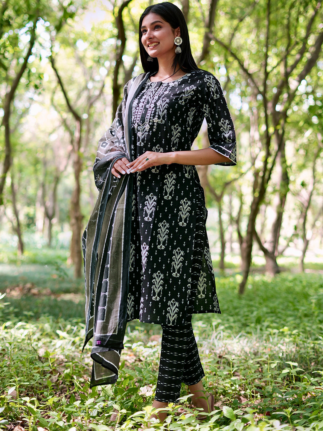 Black Printed Cotton Straight Suit Set With Trousers