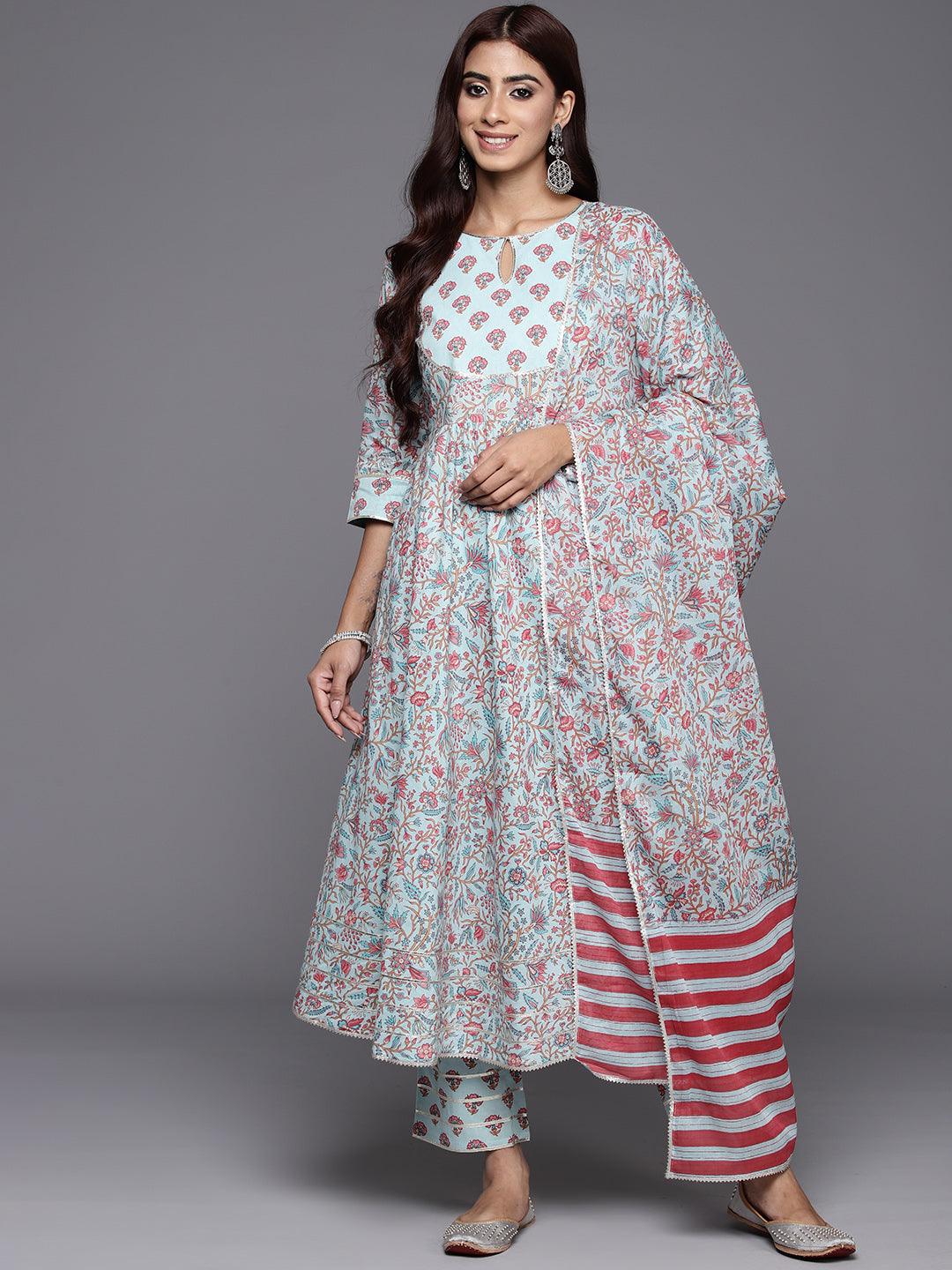 Blue Yoke Design Cotton Anarkali Suit Set With Trousers - ShopLibas