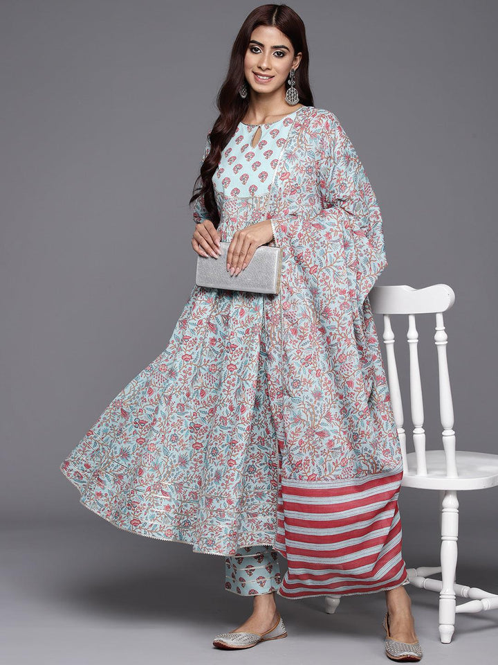 Blue Yoke Design Cotton Anarkali Suit Set With Trousers - ShopLibas