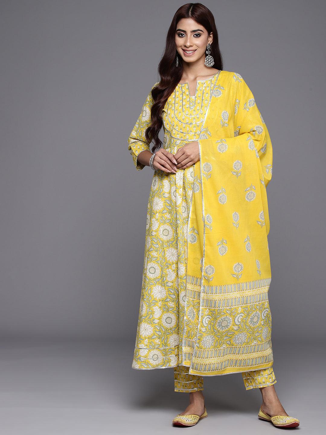 Yellow Yoke Design Cotton Anarkali Suit Set With Trousers