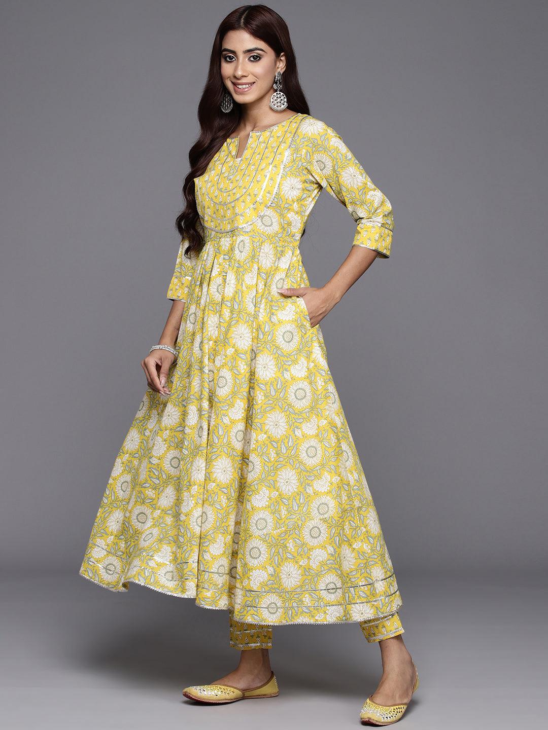 Yellow Yoke Design Cotton Anarkali Suit Set With Trousers