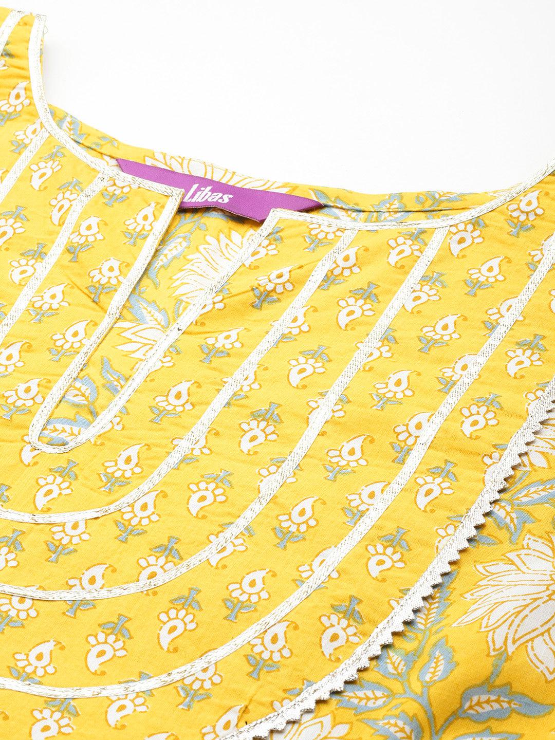 Yellow Yoke Design Cotton Anarkali Suit Set With Trousers - ShopLibas