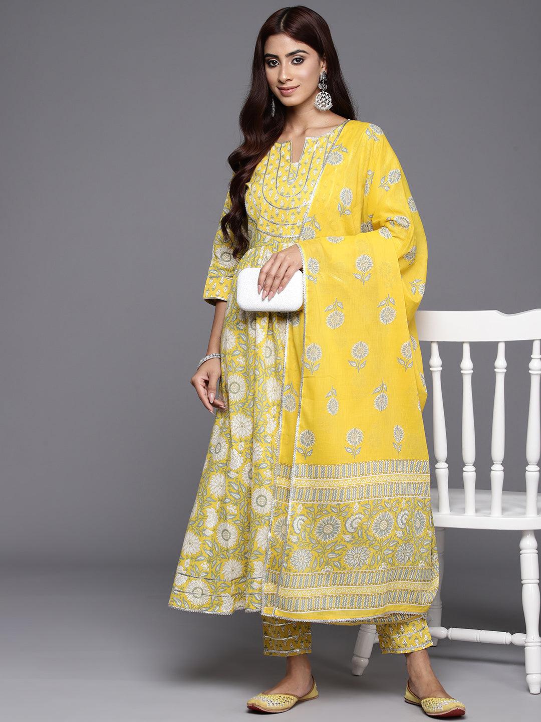 Yellow Yoke Design Cotton Anarkali Suit Set With Trousers