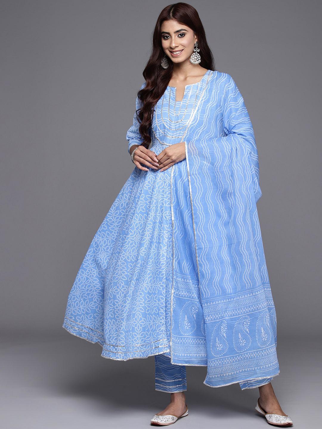 Blue Yoke Design Cotton Anarkali Suit Set With Trousers