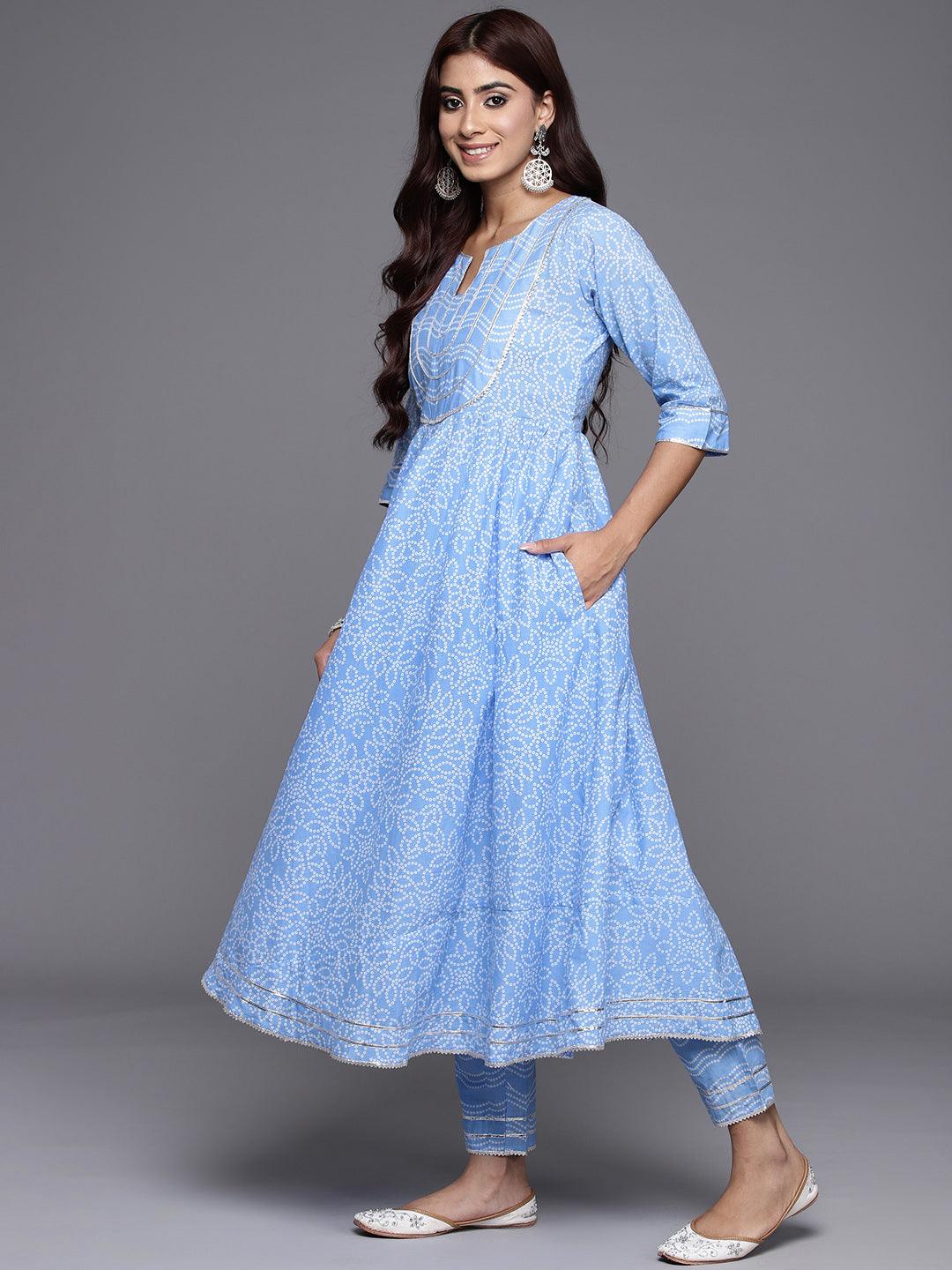 Blue Yoke Design Cotton Anarkali Suit Set With Trousers