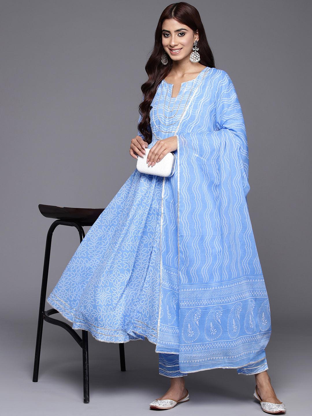 Blue Yoke Design Cotton Anarkali Suit Set With Trousers