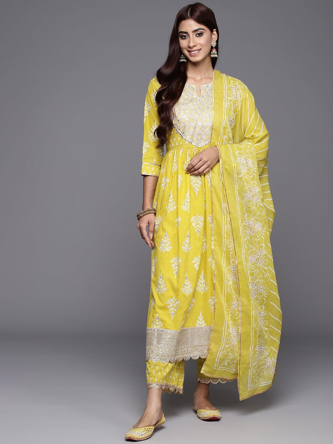 Mustard Yoke Design Cotton A-Line Suit Set With Palazzos