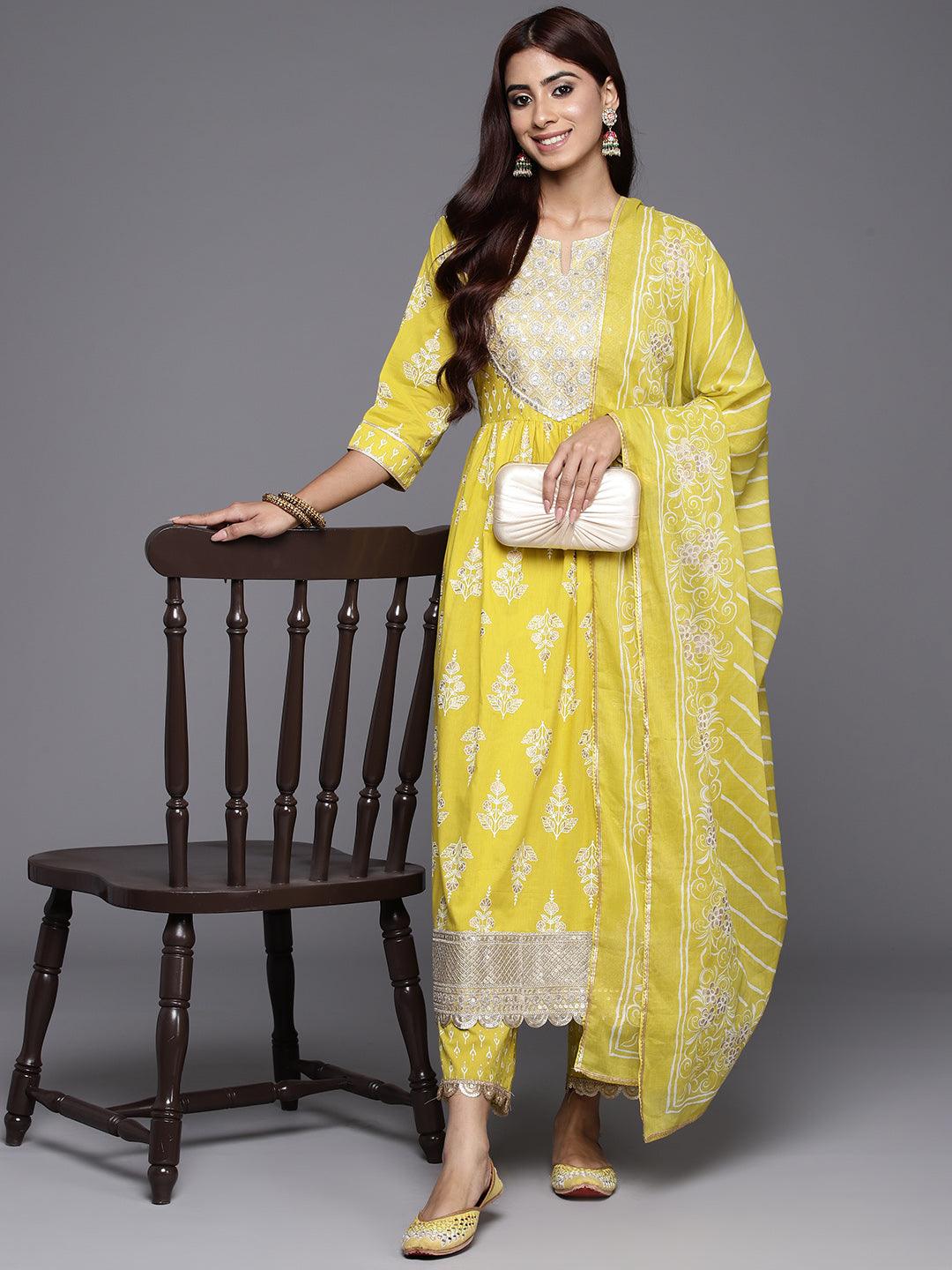 Mustard Yoke Design Cotton A-Line Suit Set With Palazzos