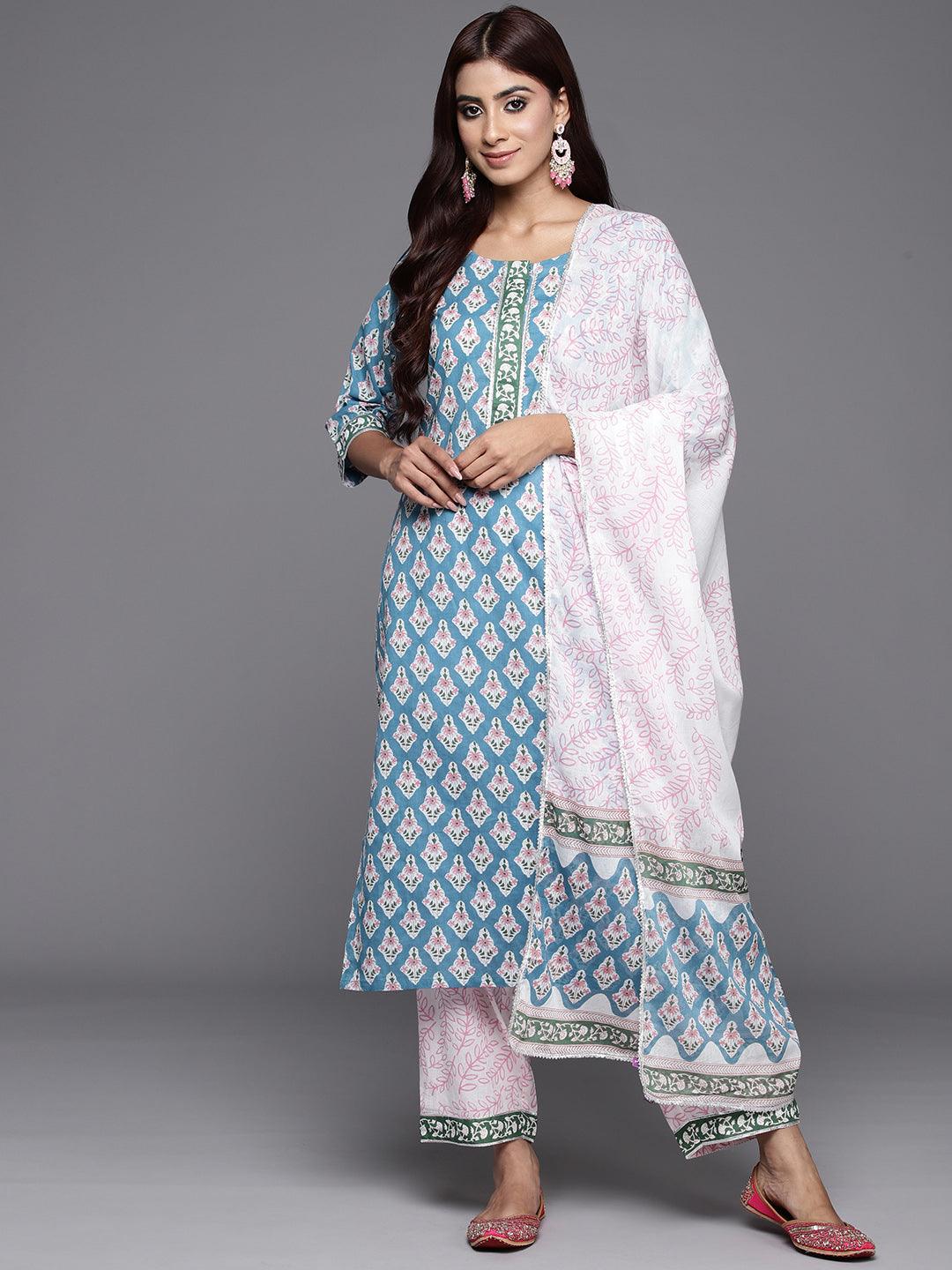 Blue Printed Cotton Suit Set With Trousers