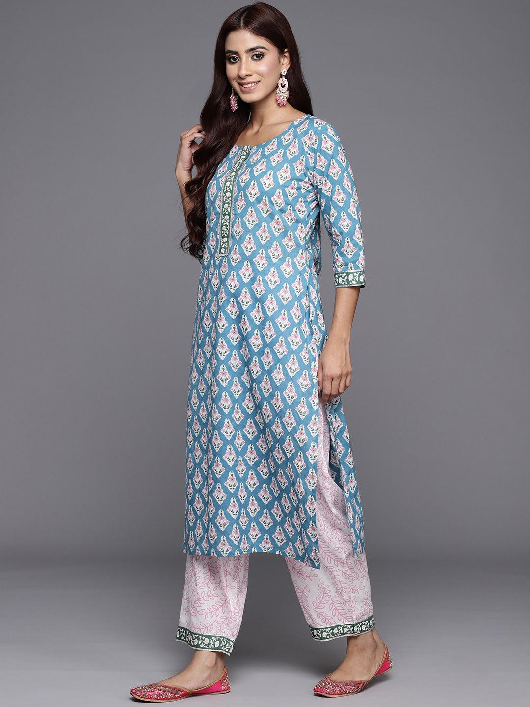 Blue Printed Cotton Suit Set With Trousers