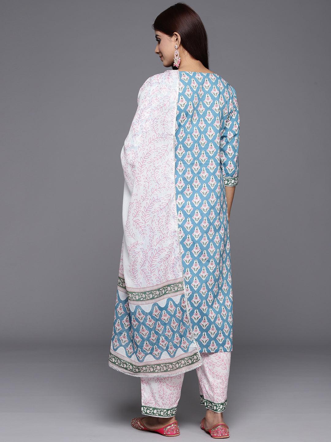 Blue Printed Cotton Suit Set With Trousers - ShopLibas