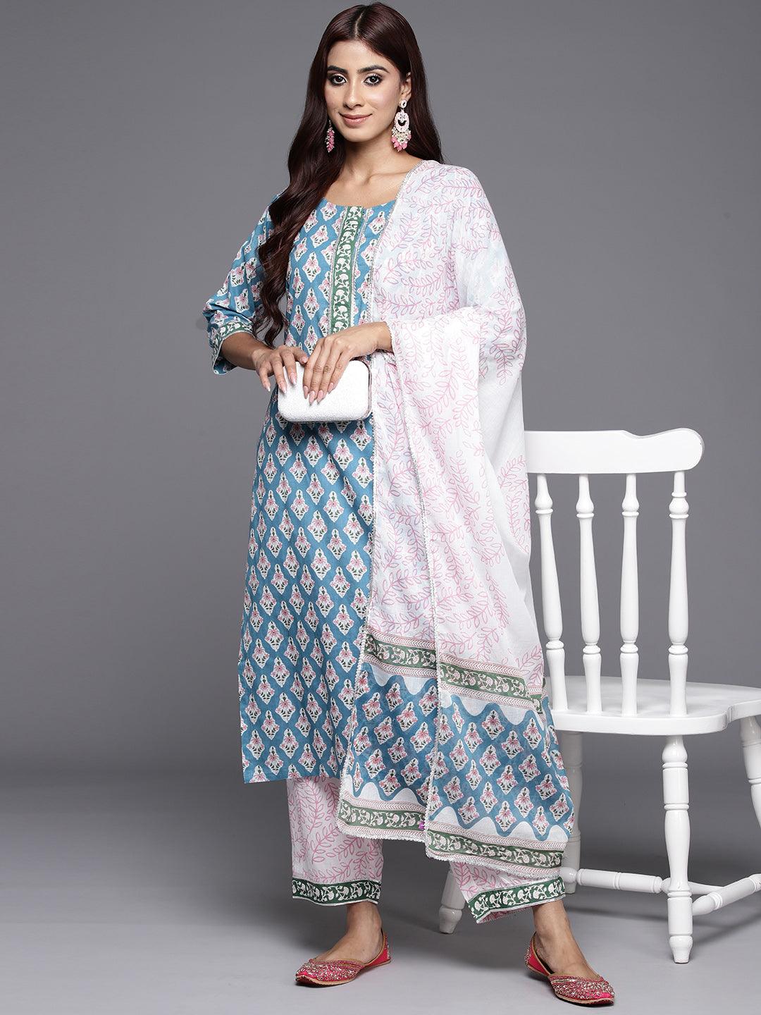 Blue Printed Cotton Suit Set With Trousers