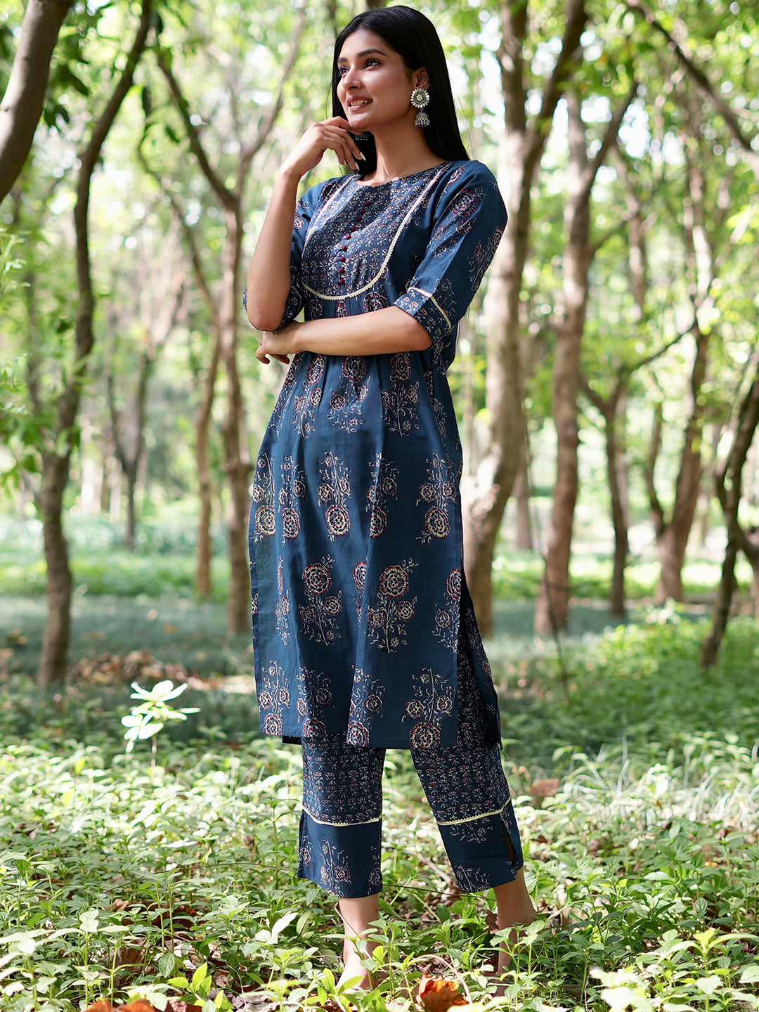 Blue Printed Cotton Straight Kurta Set With Trousers