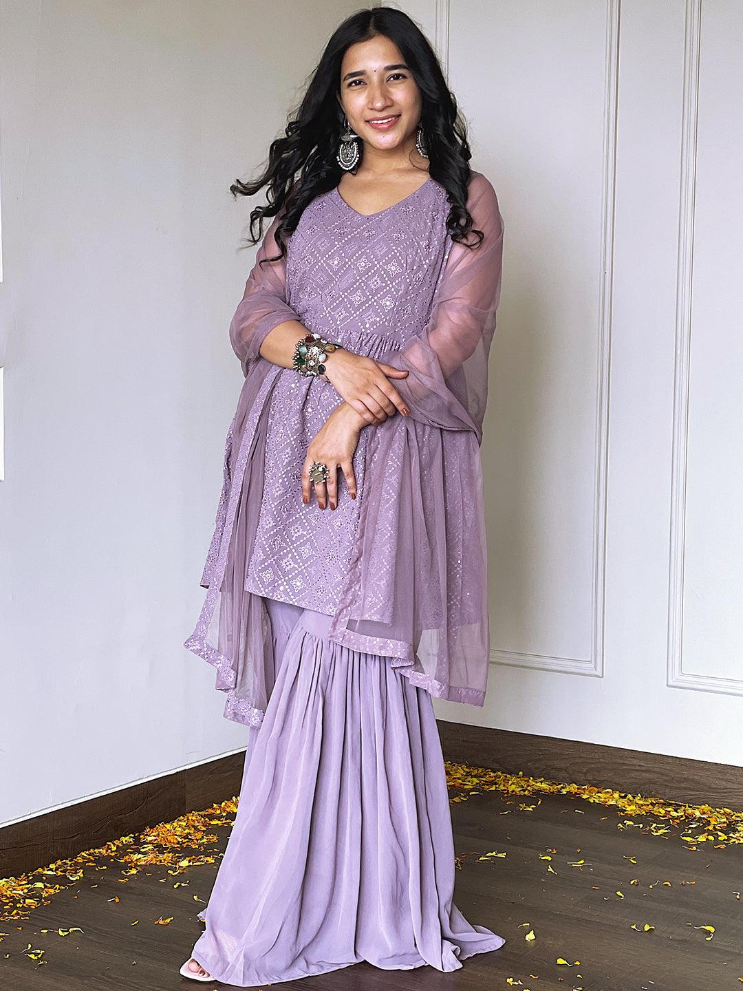 Lavender Embroidered Georgette A-Line Kurta With Sharara & Dupatta - ShopLibas