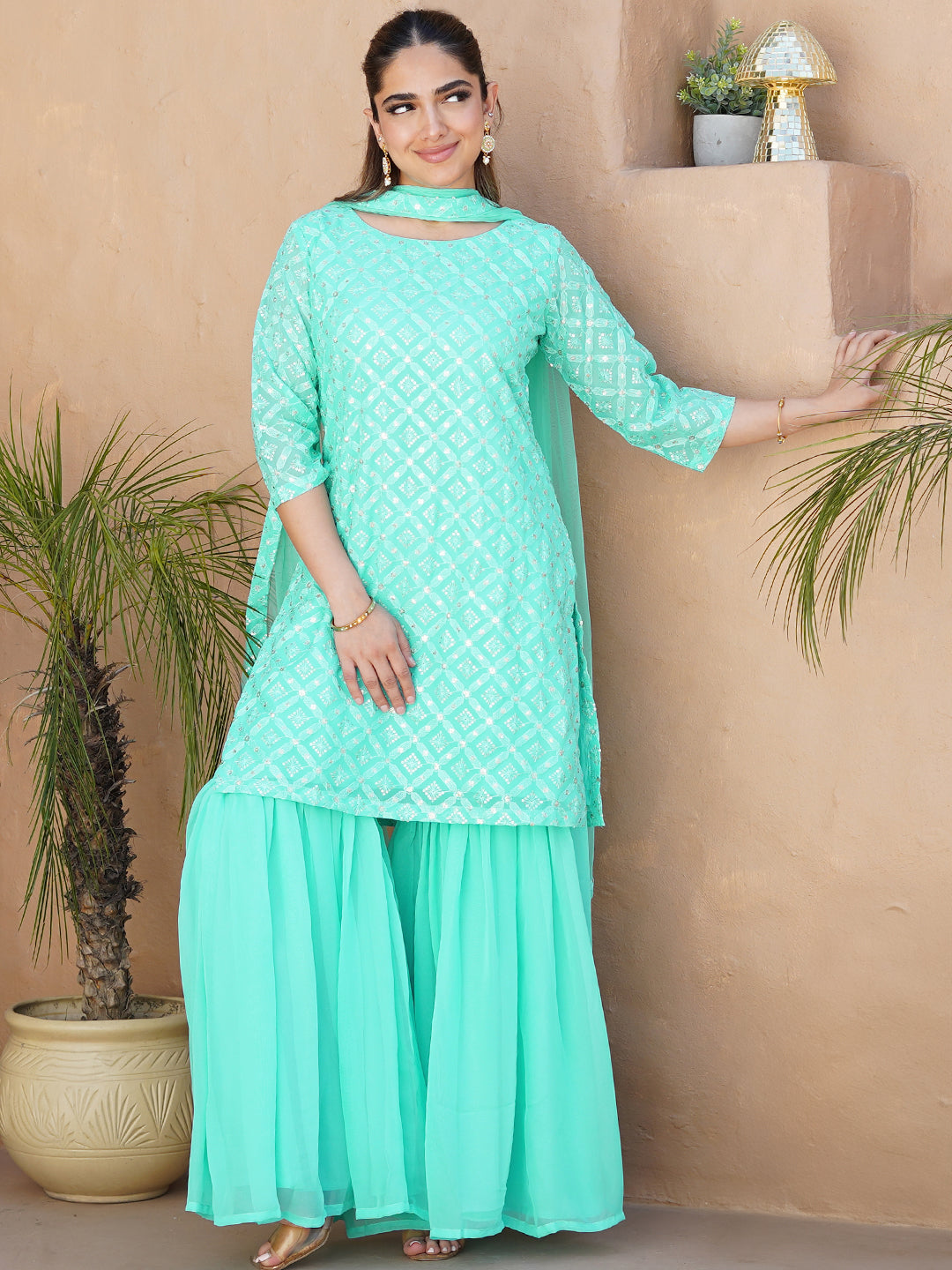 Sea Green Embroidered Georgette Straight Kurta With Sharara & Dupatta