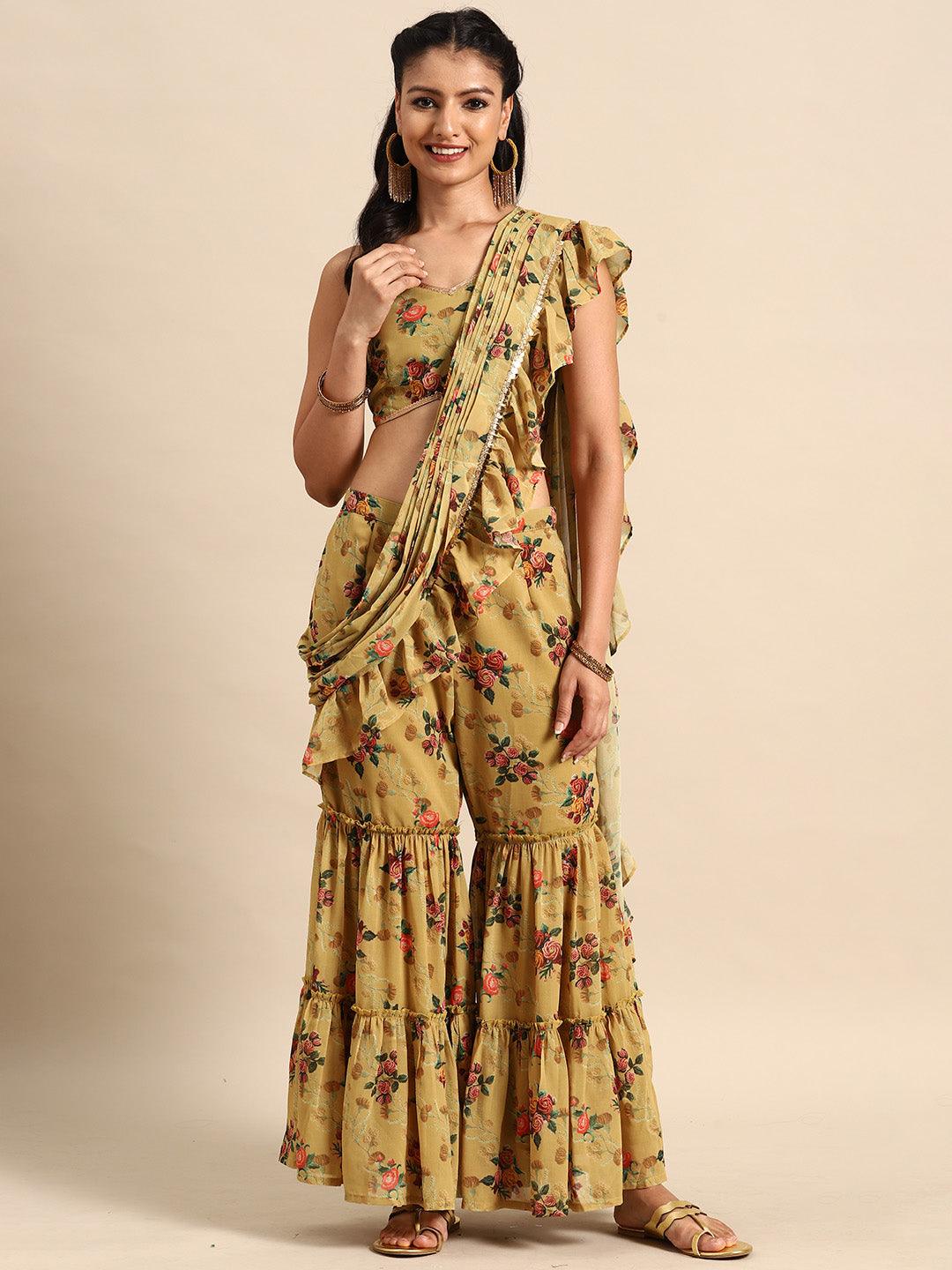 Olive Printed Georgette Palazzo Saree