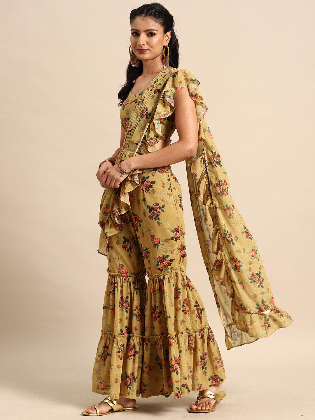 Olive Printed Georgette Palazzo Saree