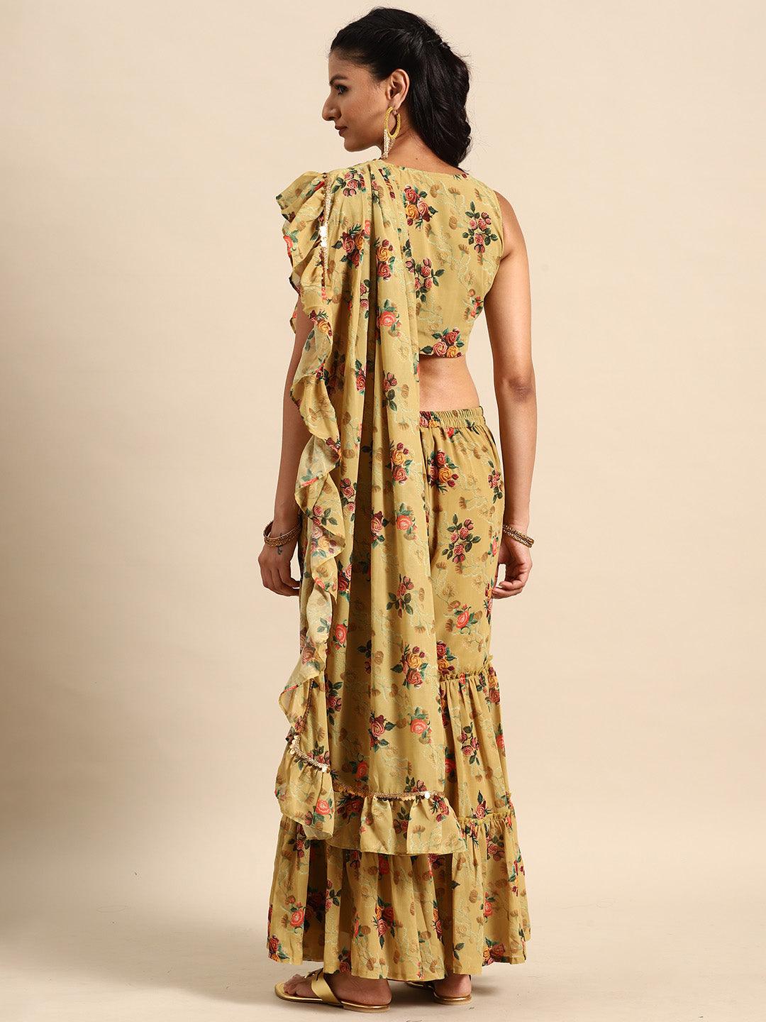 Olive Printed Georgette Palazzo Saree