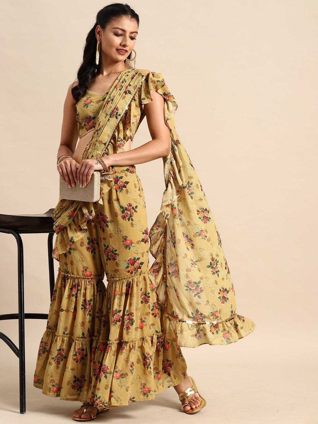 Olive Printed Georgette Palazzo Saree