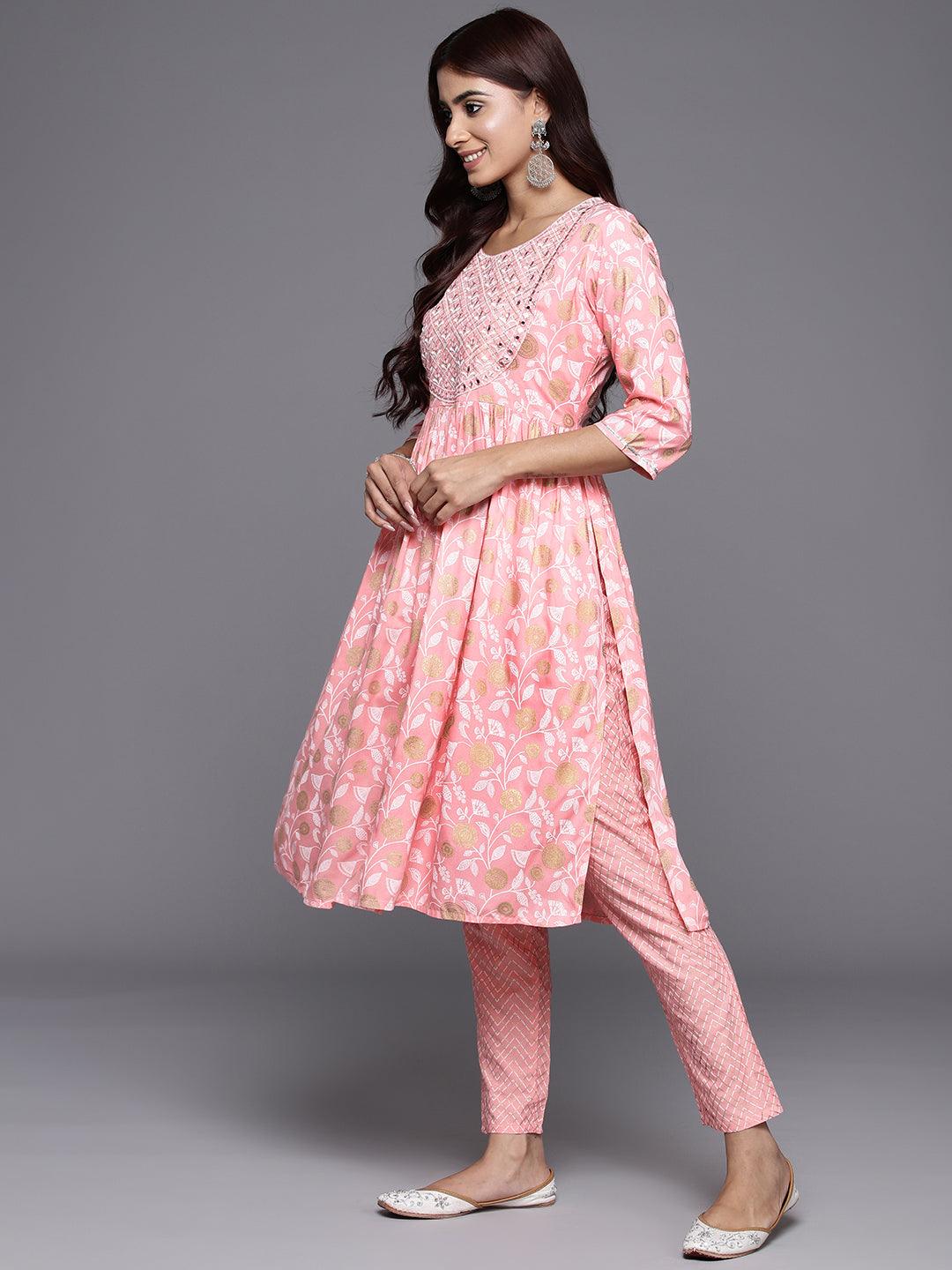 Pink Yoke Design Rayon A-Line Suit Set With Trousers