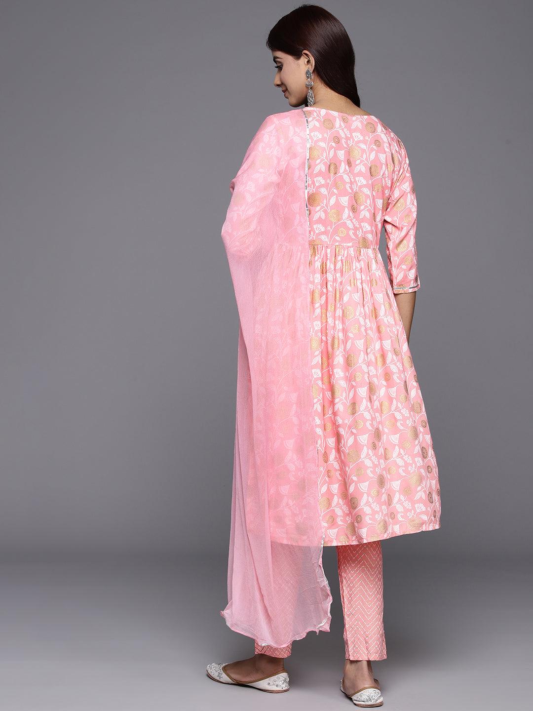 Pink Yoke Design Rayon A-Line Suit Set With Trousers