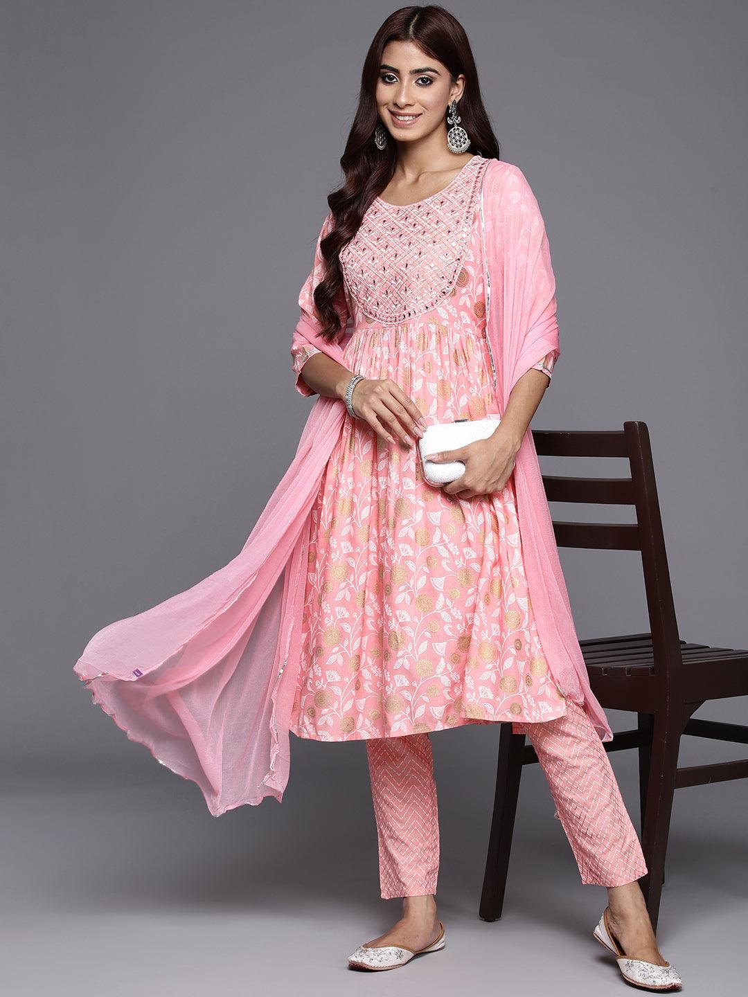 Pink Yoke Design Rayon A-Line Suit Set With Trousers