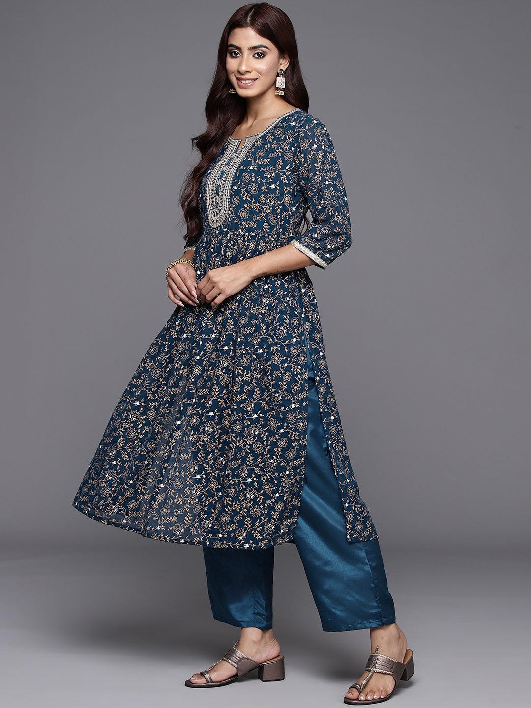 Teal Yoke Design Georgette A-Line Suit Set With Trousers - ShopLibas