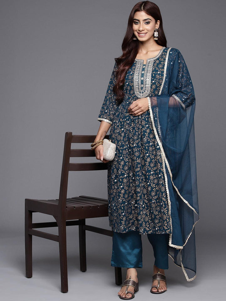 Teal Yoke Design Georgette A-Line Suit Set With Trousers - ShopLibas