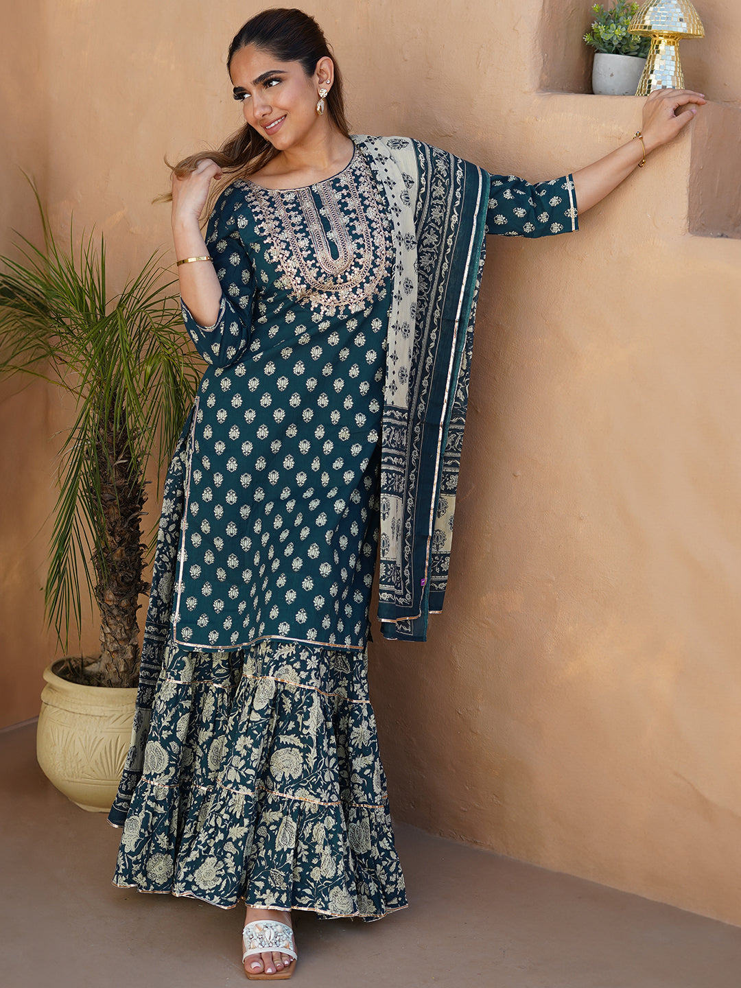 Teal Yoke Design Cotton Straight Kurta With Sharara & Dupatta